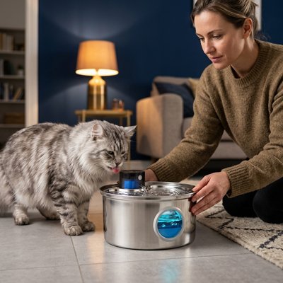 chat boit dans fontaine a eau pour chat en acier