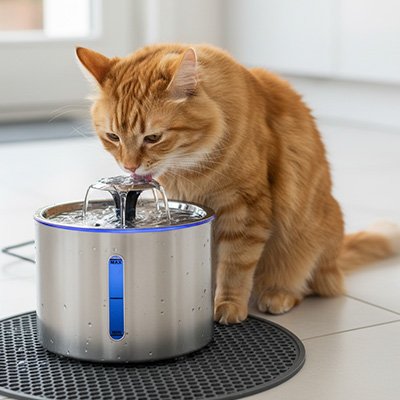 chat boit fontaine a eau en acier inoxydable