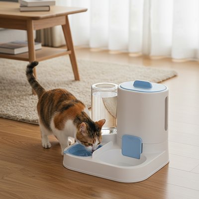 chat buvant dans distributeur de croquettes pour chat monobloc bleu