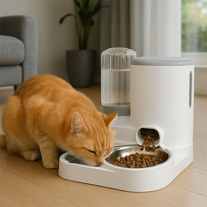 chat buvant dans distributeur de croquettes pour chat​ design minimaliste blanc