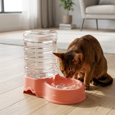 chat buvant dans distributeur eau pour chat rose dans salon