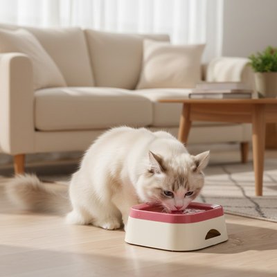 chat buvant dans gamelle chat anti eclaboussures couleur rose dans salon