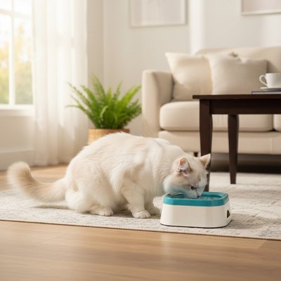 chat buvant dans gamelle chat anti eclaboussures couleur bleu dans salon