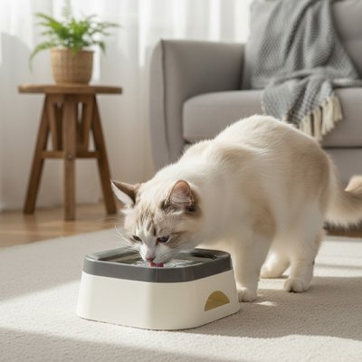 chat buvant dans gamelle chat anti eclaboussures couleur grise dans salon