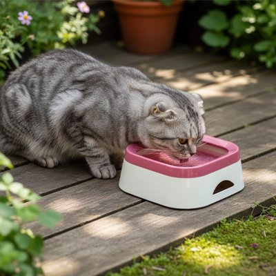 chat buvant dans gamelle chat anti eclaboussures couleur rose dans jardin