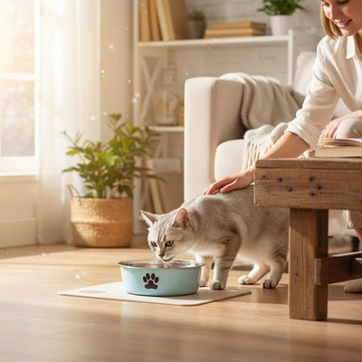 chat buvant dans gamelle chat antidérapante couleur bleu dans salon avec maitresse