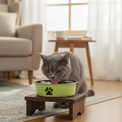 chat buvant dans gamelle chat antidérapante couleur vert dans salon