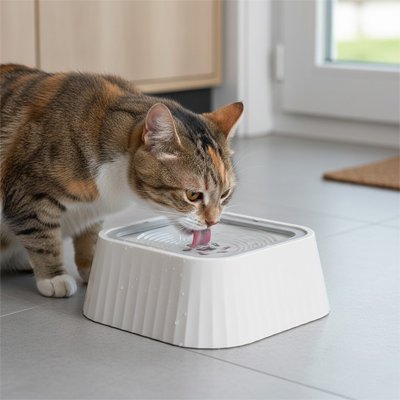 chat buvant dans gamelle chat minimaliste couleur blanche dans cuisine