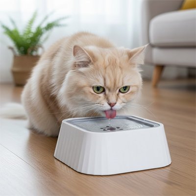 chat buvant dans gamelle chat minimaliste couleur blanche dans salon
