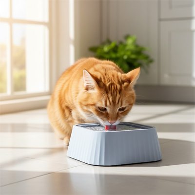 chat buvant dans gamelle chat minimaliste couleur grise dans salon