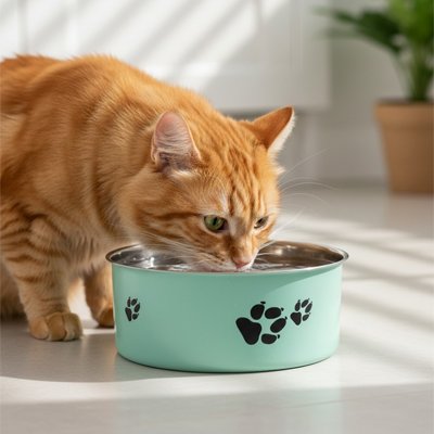 chat buvant dans gamelle chat motifs pattes couleur menthe