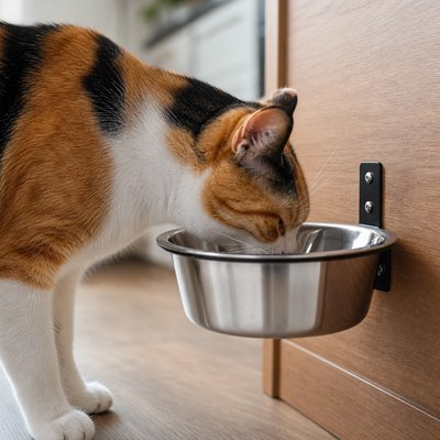 chat buvant dans gamelle chat mural dans cuisine