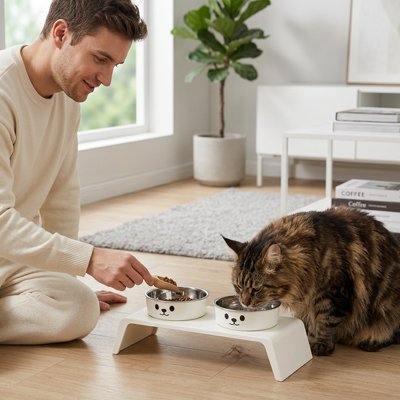 chat buvant dans gamelle chat surelevee adorable doule bol inox avec maitre