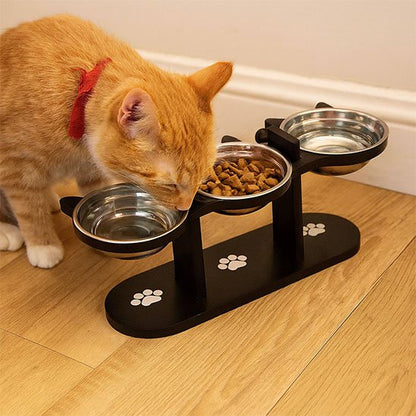chat buvant dans gamelle chat surelevee design felin triple bols inox