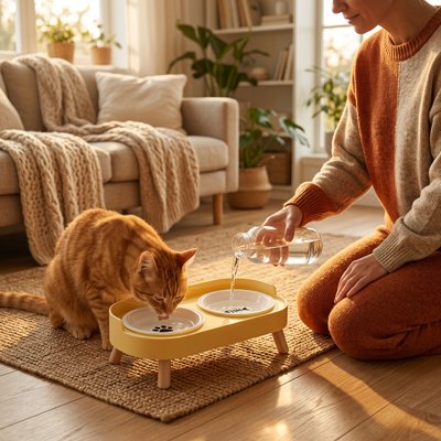 chat buvant dans gamelle chat surelevee design scandinave couleur jaune dans salon