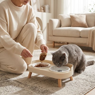 chat buvant dans gamelle chat surelevee design scandinave couleur blanche dans salon