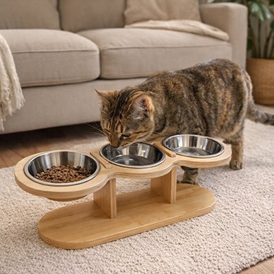 chat buvant dans gamelle chat surelevee en bois configuration triple bols inox dans salon