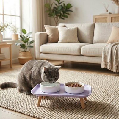 chat buvant dans gamelle chat surelevee plateau double bol mauve dans salon