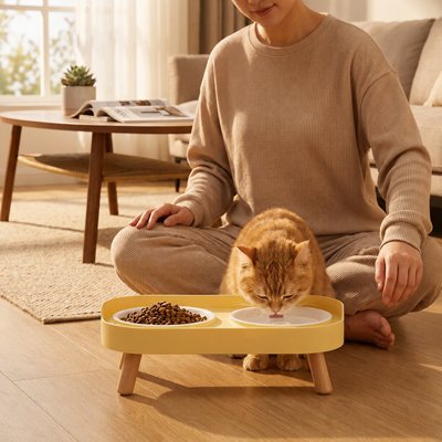 chat buvant dans gamelle chat surelevee scandinave couleur jaune avec maitresse