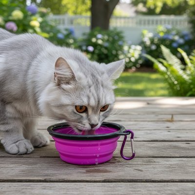 chat buvant dans gamelle pour chat pliable couleur violet dans jardin
