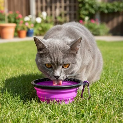 chat buvant dans gamelle pour chat pliable couleur violet sur pelouse