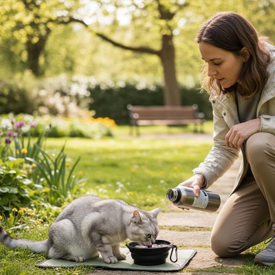 chat buvant dans gamelle pour chat pliable couleur noir avec maitresse dans jardin