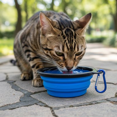 chat buvant dans gamelle pour chat pliable couleur bleu dans jardin