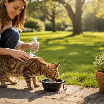 chat buvant dans gamelle pour chat pliable couleur noir dans jardin avec maitresse