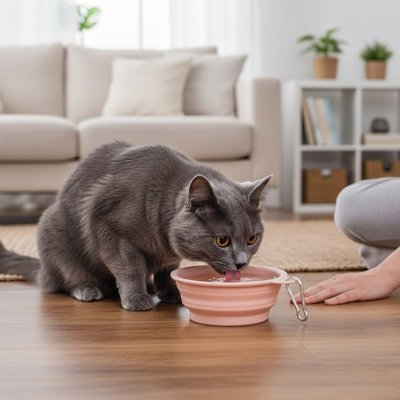 chat buvant dans gamelle pour chat silicone rose dans salon