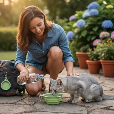 chat buvant dans gamelle pour chat silicone vert dans jardin avec maitresse