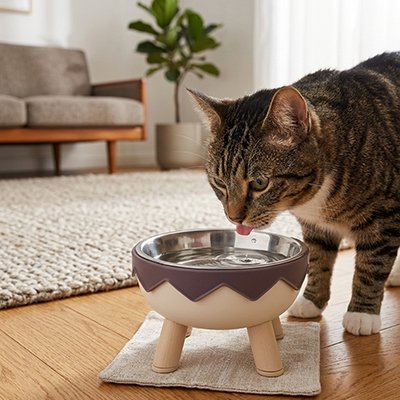 chat buvant dans gamelle surelevee chat rebord dentele couleur gris