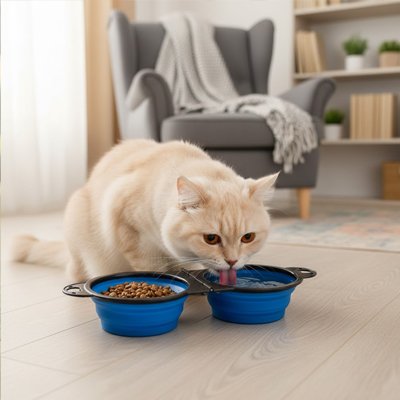 chat buvant dans gamelles chat 2 en 1 pliable couleur bleu dans salon