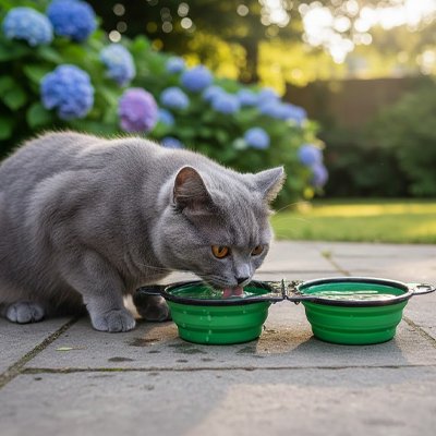 chat buvant dans gamelles chat 2 en 1 pliable couleur vert dans jardin