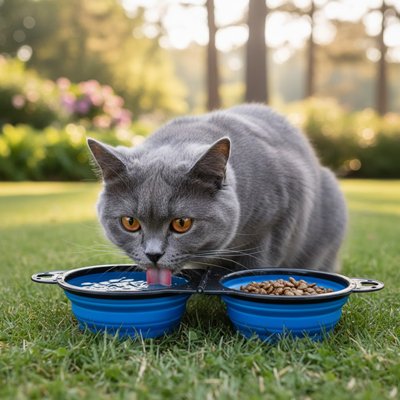 chat buvant dans gamelles chat 2 en 1 pliable couleur bleu dans jardin