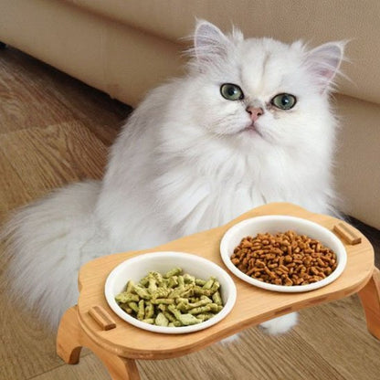 chat couleur blanc avec gamelle chat bambou double bol