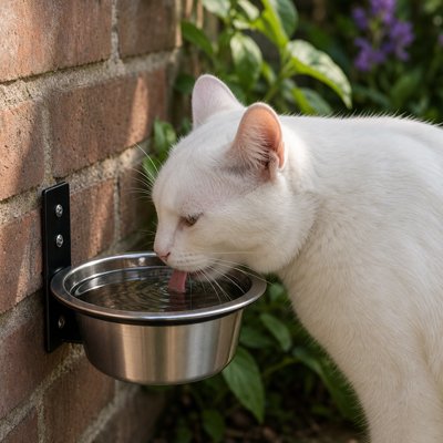 chat couleur blanc buvant dans gamelle chat mural dans jardin