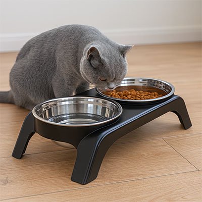 chat couleur gris mangeant dans gamelle chat surelevee support noir