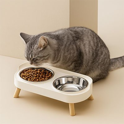 chat couleur gris mangeant dans gamelle pour chat design epure couleur blanche