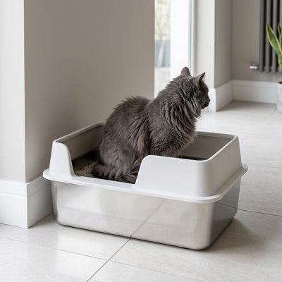 chat dans bac à litière chat blanc acier inoxydable