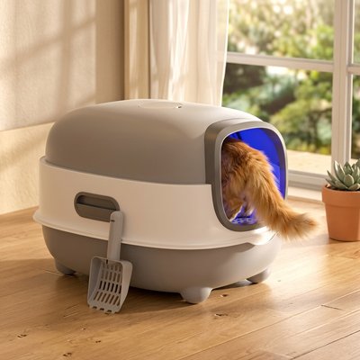 chat dans bac à litière chat compact gris