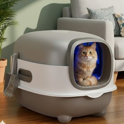 chat dans bac à litière chat dome gris blanc salon