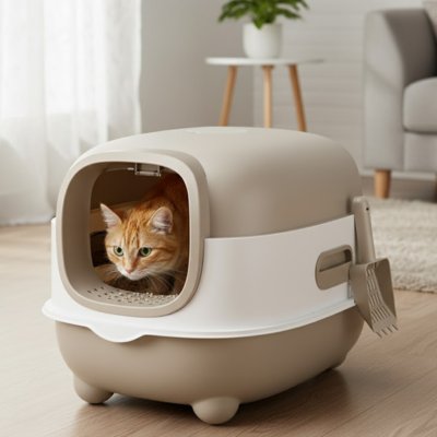 chat dans bac à litière chat dome gris blanc