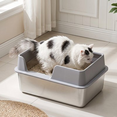 chat dans bac à litière chat gris acier inoxydable