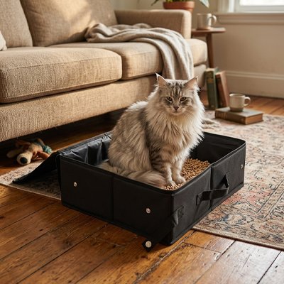 chat dans bac à litière chat voyage dans salon