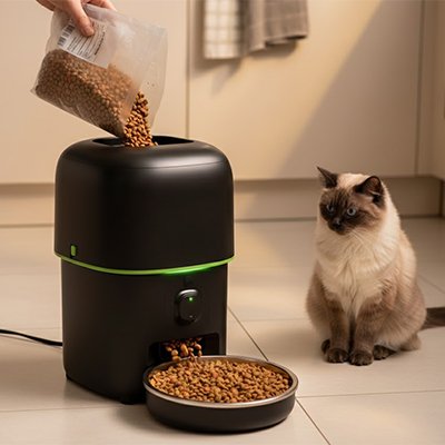chat dans cuisine avec distributeur de croquettes pour chat automatique noir