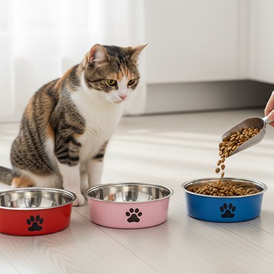 chat dans cuisine avec gamelles chat decoration patte imprimee couleur rouge rose bleu