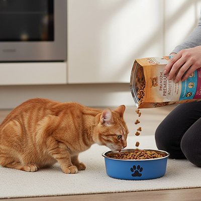 chat dans cuisine mangeant dans gamelles chat decoration patte imprimee couleur bleu