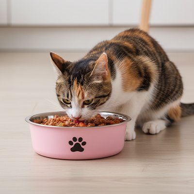 chat dans cuisine mangeant dans gamelles chat decoration patte imprimee couleur rose