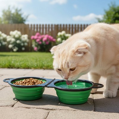 chat dans jardin buvant dans gamelles chat 2 en 1 pliable couleur vert