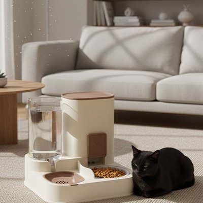 chat dans salon avec distributeur de croquettes pour chat bicolore